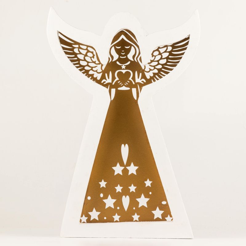 Ángel de madera de mango - Acabado decapado con decoración de hierro recortada - 39 cm