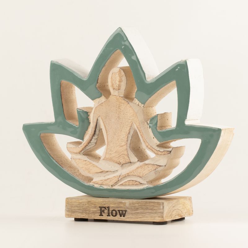 Figura de madera de mujer haciendo yoga - Flor de loto - Verde azulado - Flow