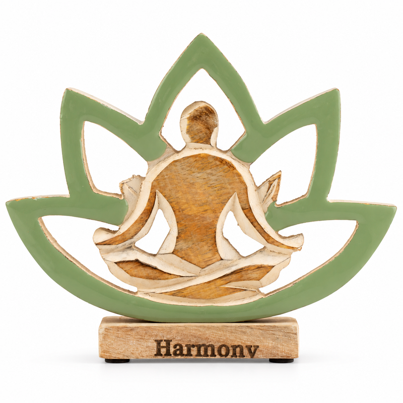 Figura de madera de mujer haciendo yoga - Flor de loto - Salvia - Armonía