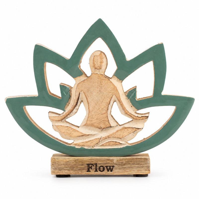 Figura de madera de mujer haciendo yoga - Flor de loto - Verde azulado - Flow
