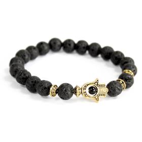 Hamsa de oro / piedra de lava - pulsera de piedras preciosas