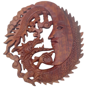 Panel de Madera Tallada - Cara de Luna y Dragón - 30cm