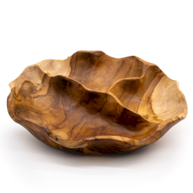Frutero redondo liso de madera de teca de tres secciones - 30x5.5cm