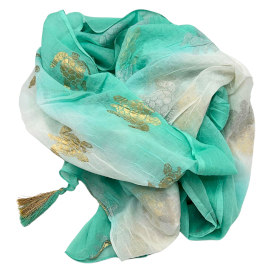 Colección Nómada Sari Mediterráneo - Pareo - Diseño de Tortuga en Blanco, Turquesa y Oro