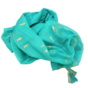 Colección Nómada Sari Mediterráneo - Pareo - Diseño de Peces en Turquesa y Oro