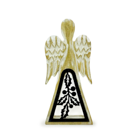 Ángel de madera de mango - Encalado con decoración de hierro recortado - 18 cm