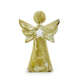 Ángel de Madera de Mango - Acabado Blanqueado con Estrella Calada - 18 cm