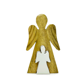 Ángel de madera de mango en ángel - Esmalte blanco - 15 cm