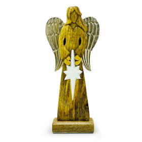 Ángel de la Paz grande de madera de mango con alas de metal y detalles esmaltados - 30 cm