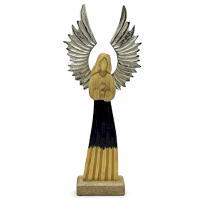 Ángel guardián grande de madera de mango con alas de metal y detalles esmaltados - 40 cm