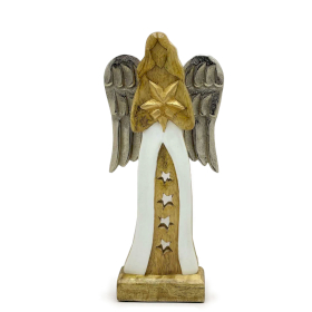 Ángel estrella grande de madera de mango con alas de metal y detalles esmaltados - 30 cm