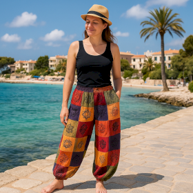 Sari Nómada - Pantalón Hongo - Diseños con Estampado en Bloque - Tonos Naranjas (105x127cm) S/M