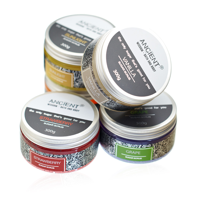 Exfoliantes de azúcar - 300g  Uva, fresa Pomelo, Vainilla Luz de Sol, cosmética natural